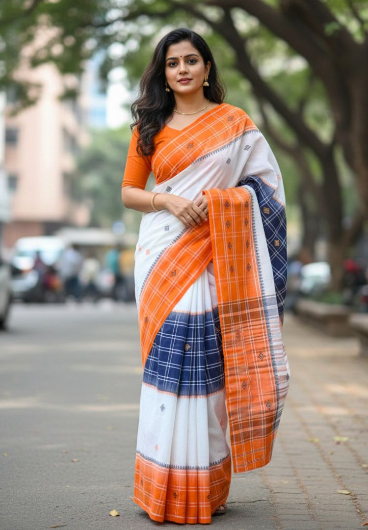 Vibrant Orange Ikkat weaving Dhaniakhali handloom cottton saree