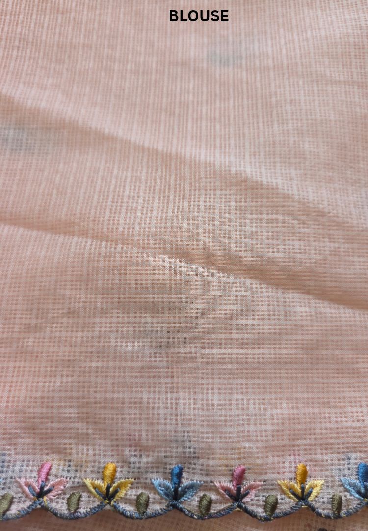 Pastel Peach Gulbahar peacock hand embroidered soft Kota saree by Silk Ethnics