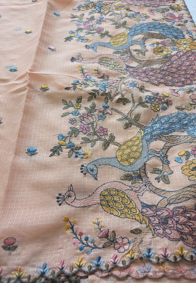 Peacock and floral embroidered pallu of the Pastel Peach Gulbahar Kota saree