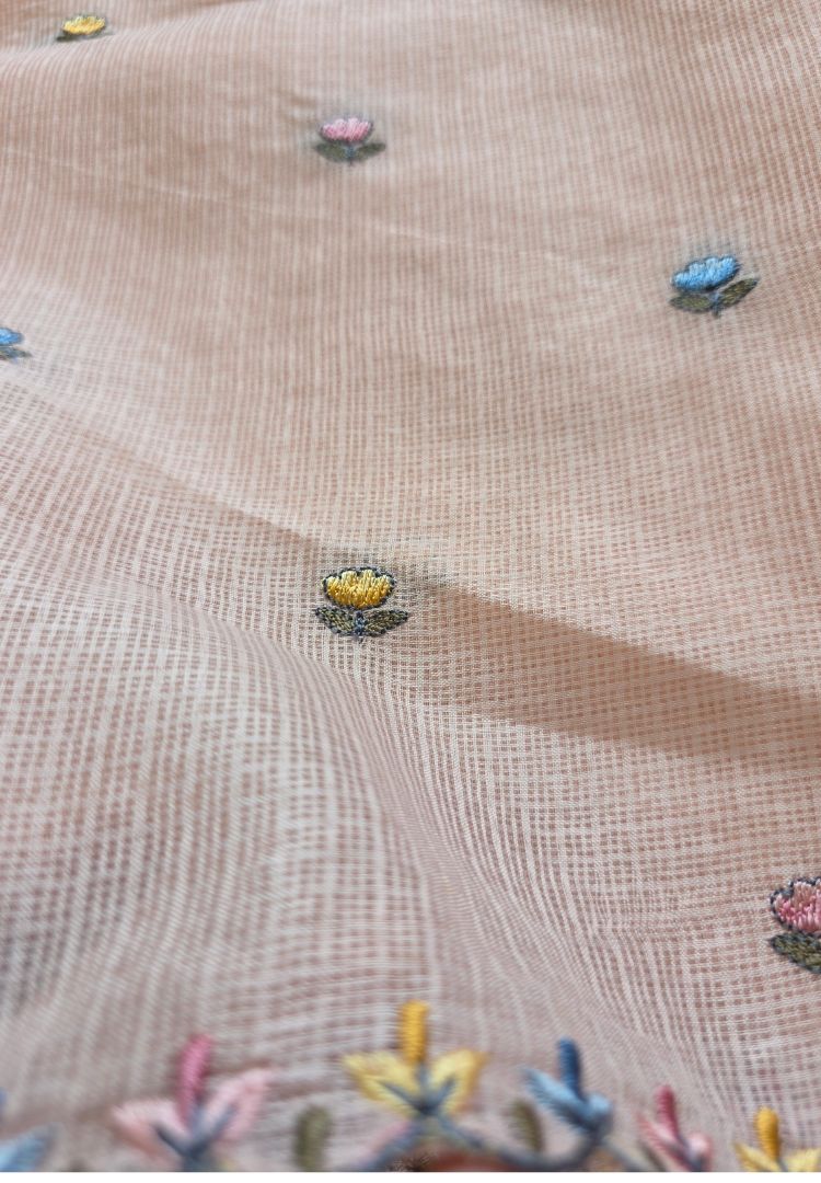 Embroidered border and body of the Pastel Peach Gulbahar peacock Kota saree