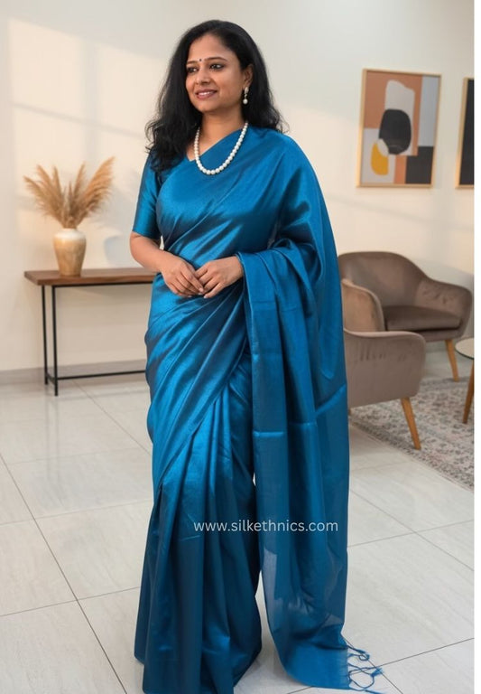 Peacock Blue Raaga handloom tissue saree - Mayura