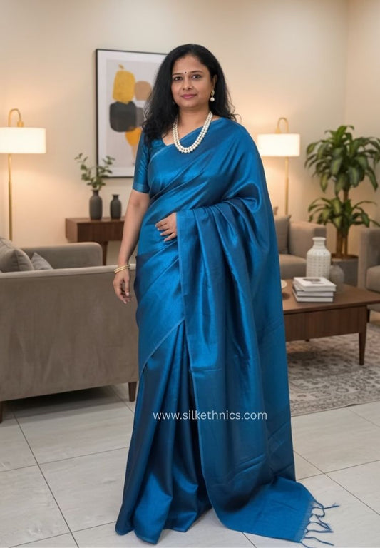 Peacock Blue Raaga handloom tissue saree - Mayura