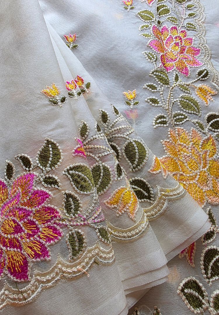 Pearl White Banarasi Organza embroidered saree