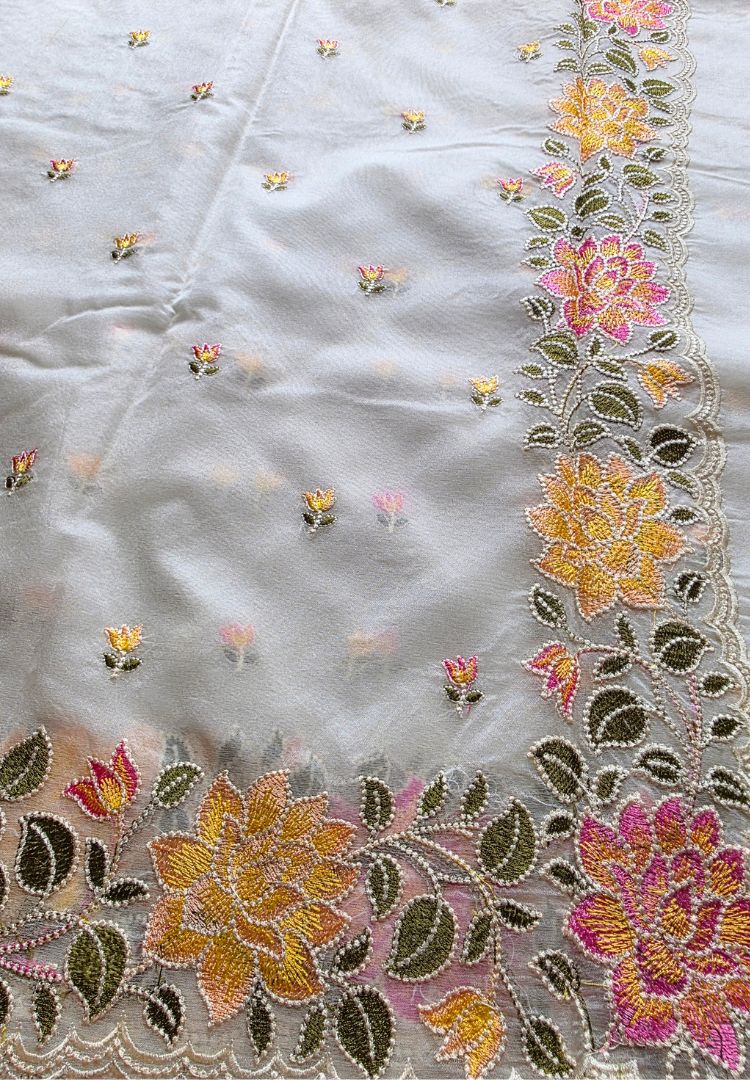 Pearl White Banarasi Organza embroidered saree