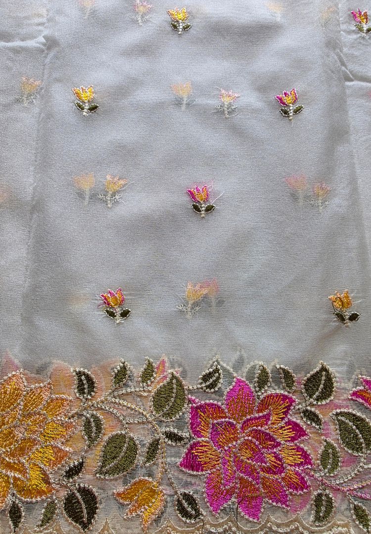 Pearl White Banarasi Organza embroidered saree