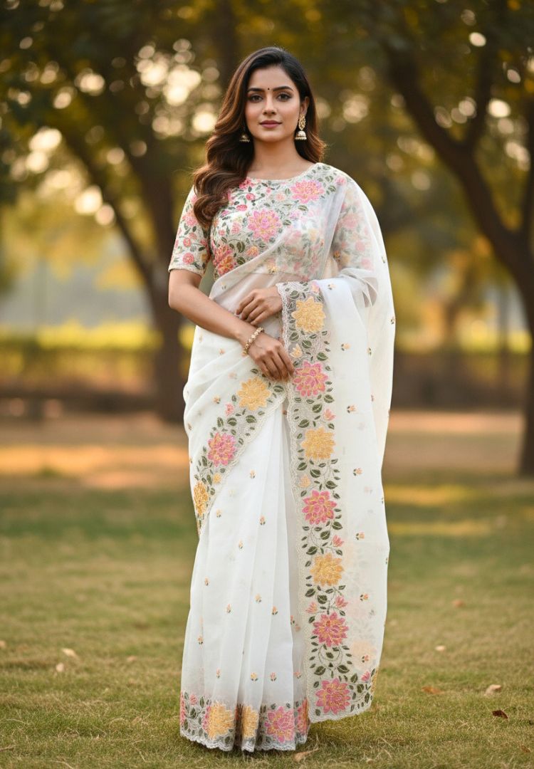 Pearl White Banarasi Organza embroidered saree