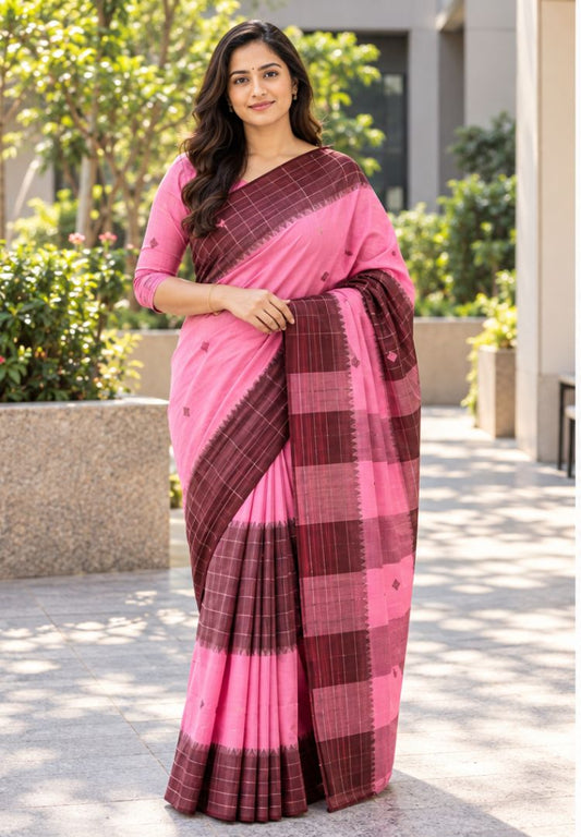 Woman wearing a rose pink and brown Ikkat Dhaniakhali handloom cotton saree - Silk Ethnics