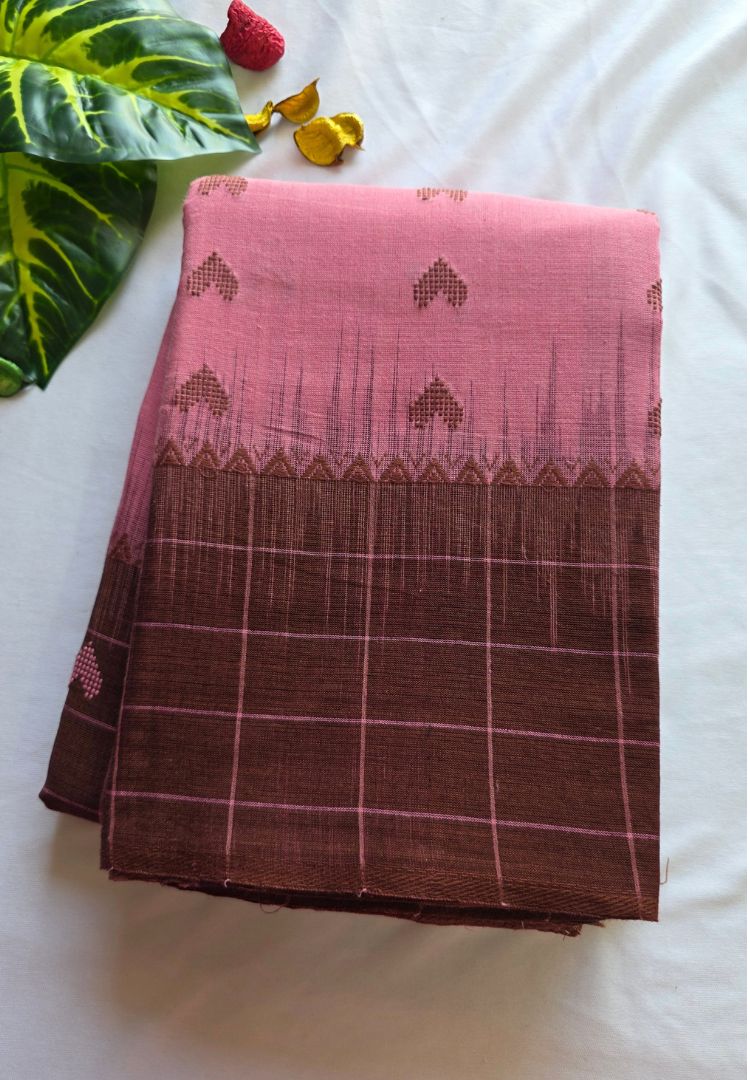 Rose pink Dhaniakhali handloom cotton saree with brown striped Ikkat pallu