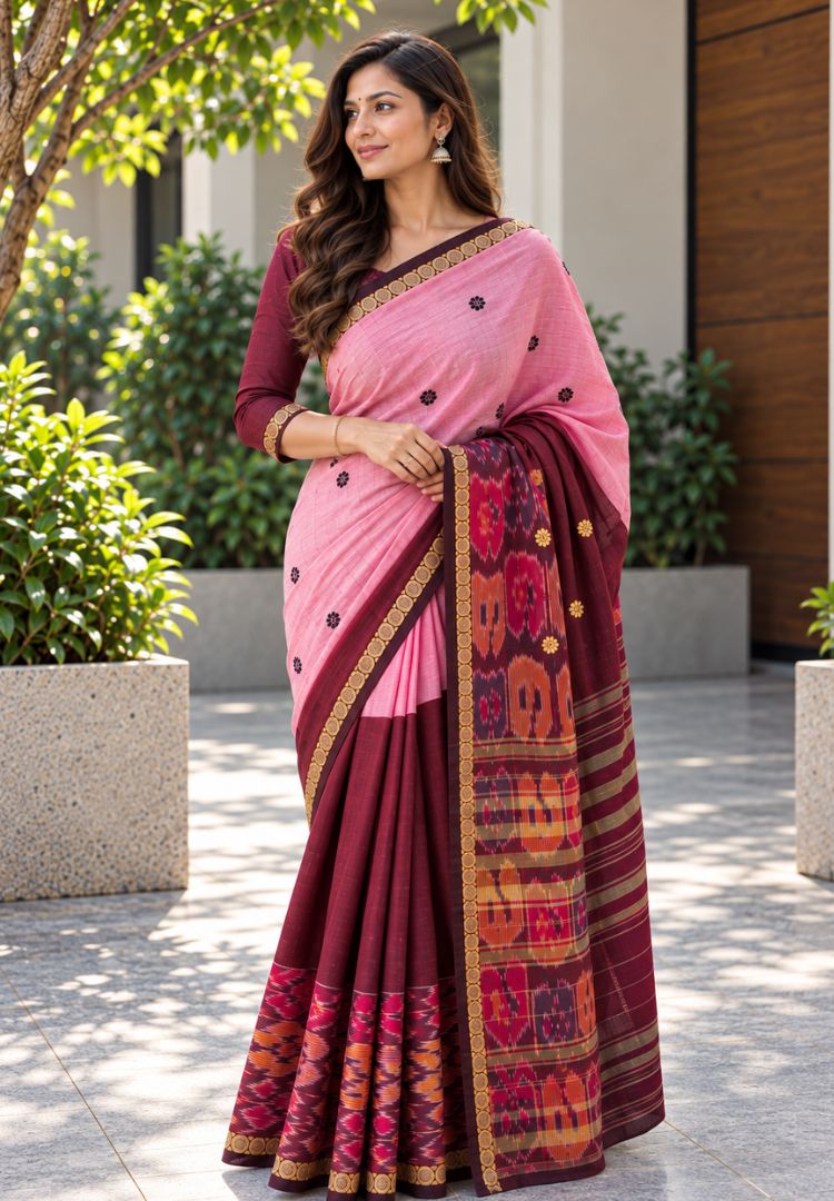 Woman wearing a blush pink and maroon Ikkat Dhaniakhali handloom cotton saree - Silk Ethnics