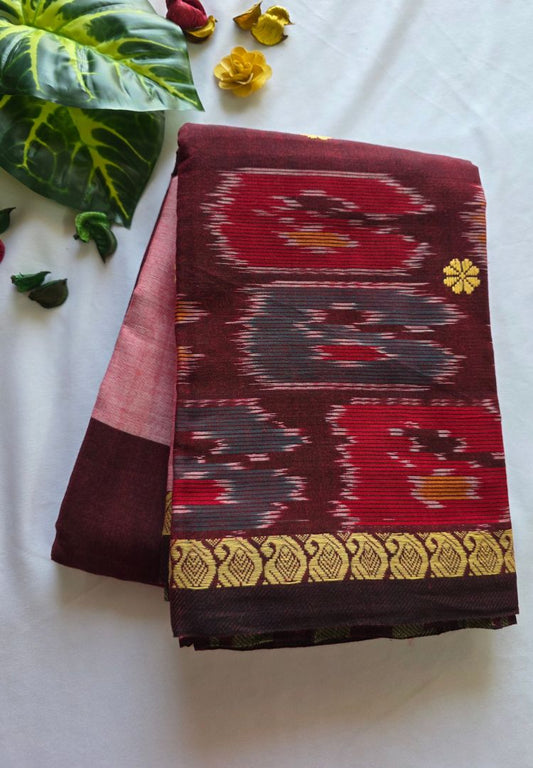 Blush pink and maroon Dhaniakhali handloom cotton saree with Ikkat pallu, full view