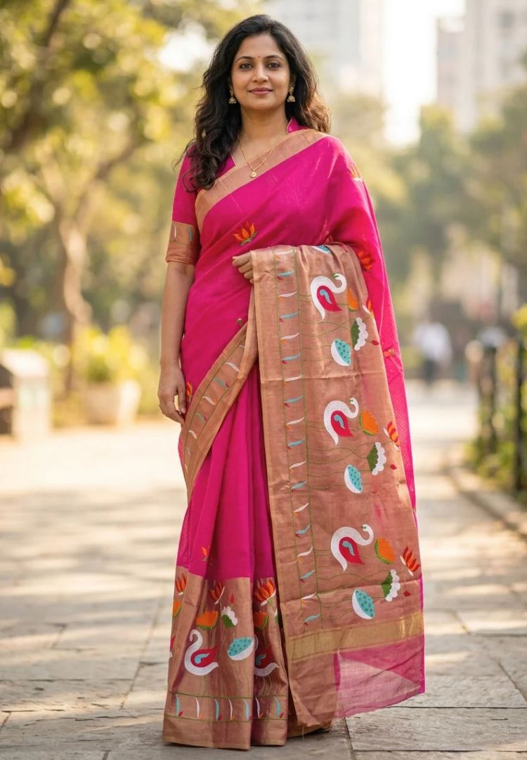 Woman wearing the Fuchsia Pink and Gold embroidered soft Kota zari saree - Silk Ethnics