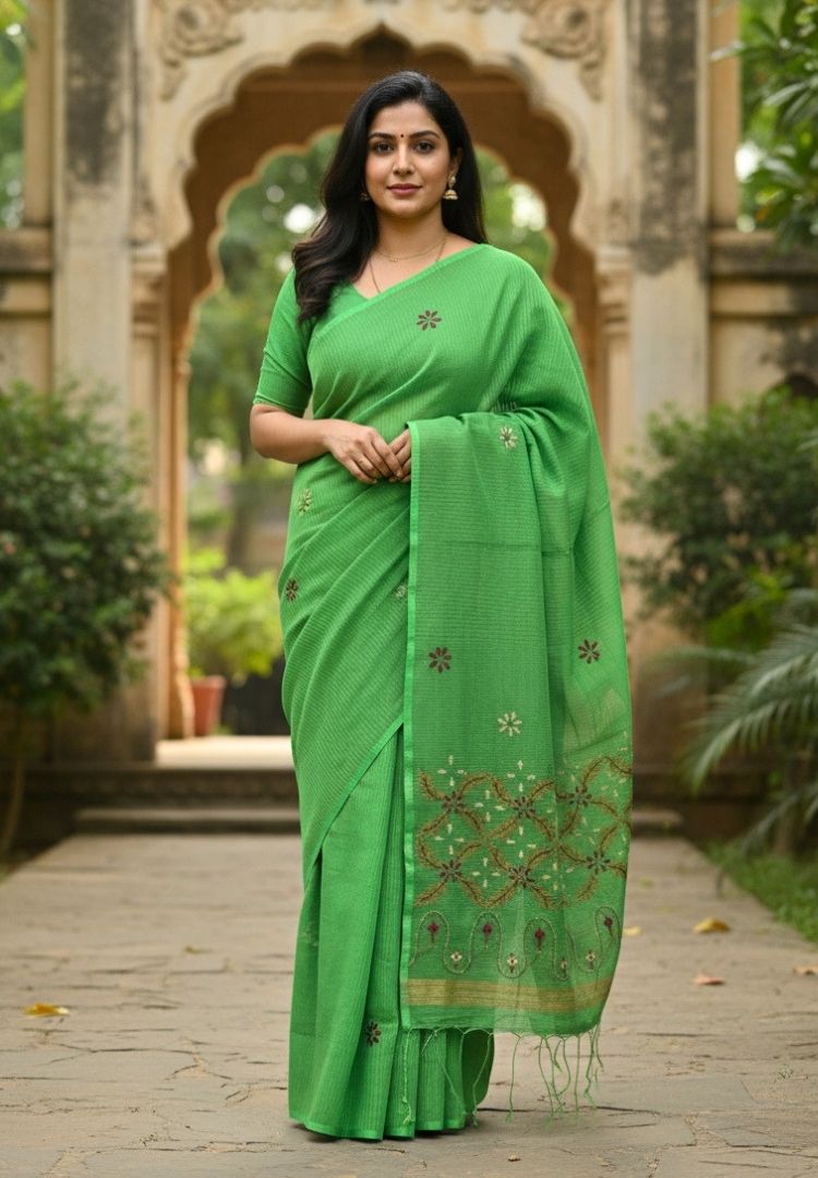 Lime green pure cotton saree with Parsi Bullion knot stitch