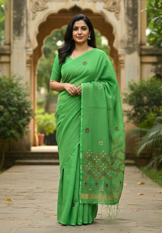 Lime green pure cotton saree with Parsi Bullion knot stitch