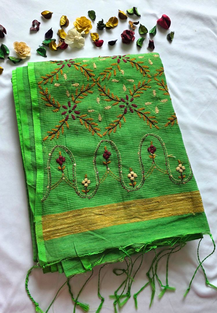 Lime green pure cotton saree with Parsi Bullion knot stitch