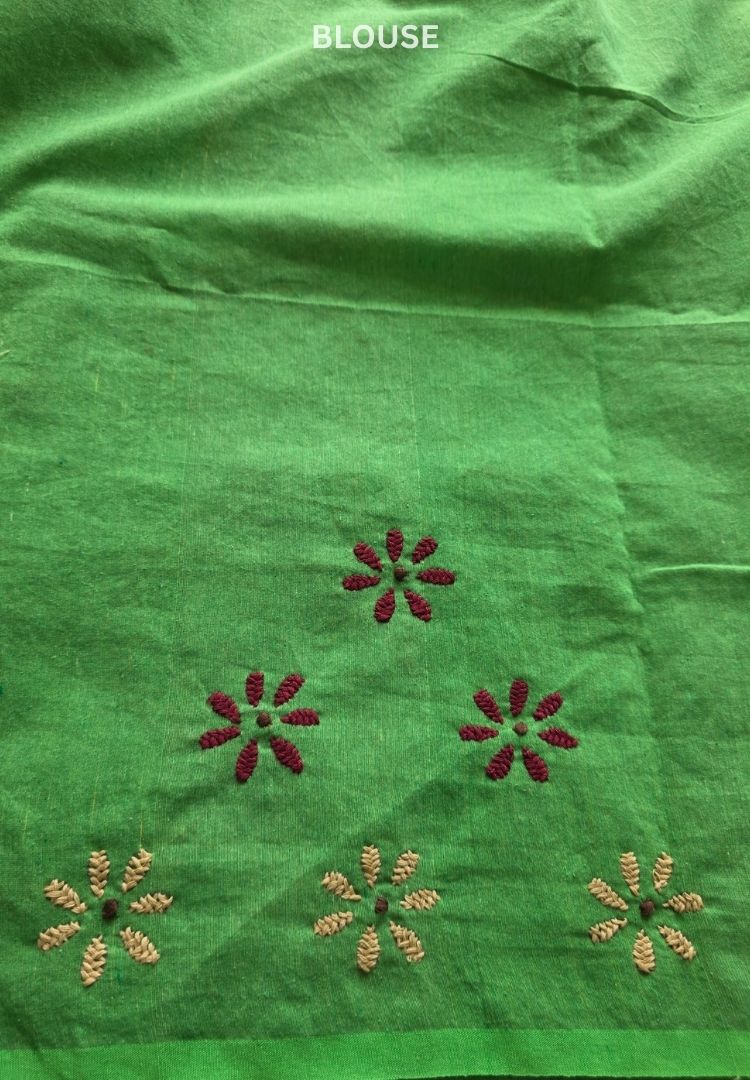 Lime green pure cotton saree with Parsi Bullion knot stitch
