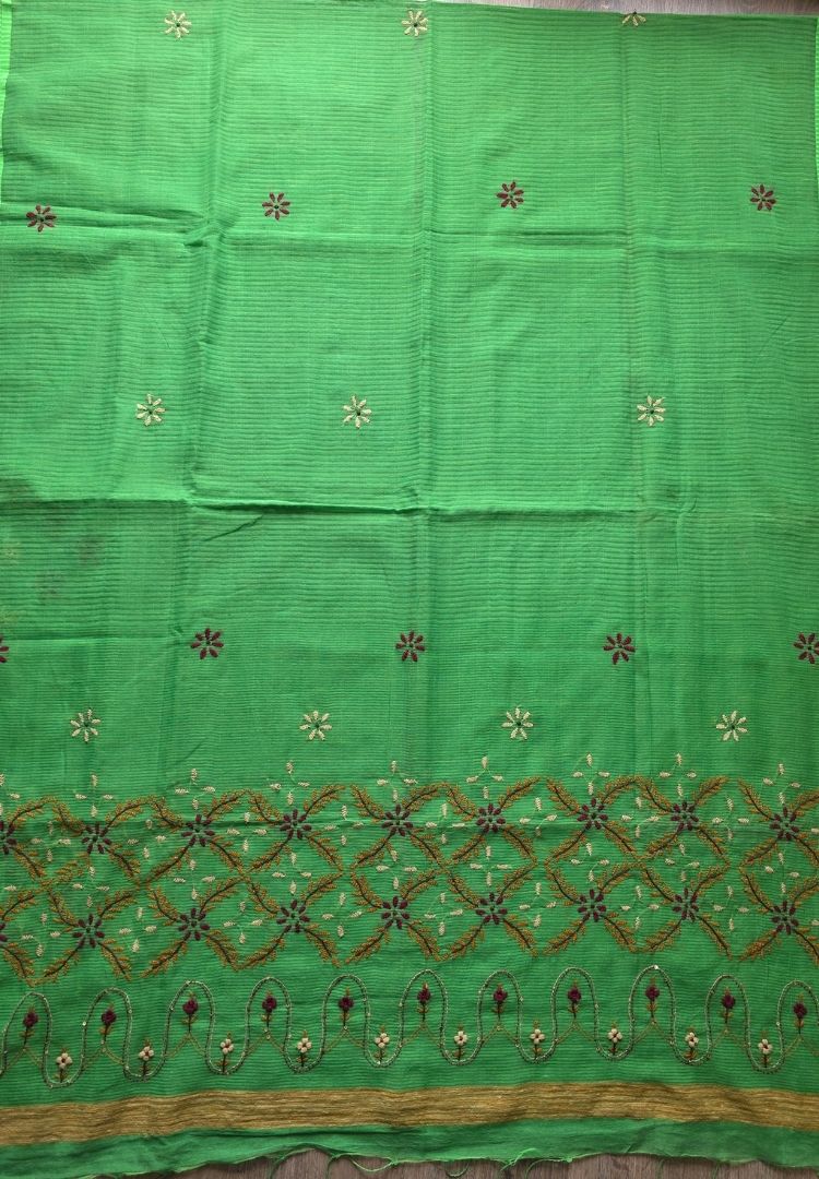 Lime green pure cotton saree with Parsi Bullion knot stitch