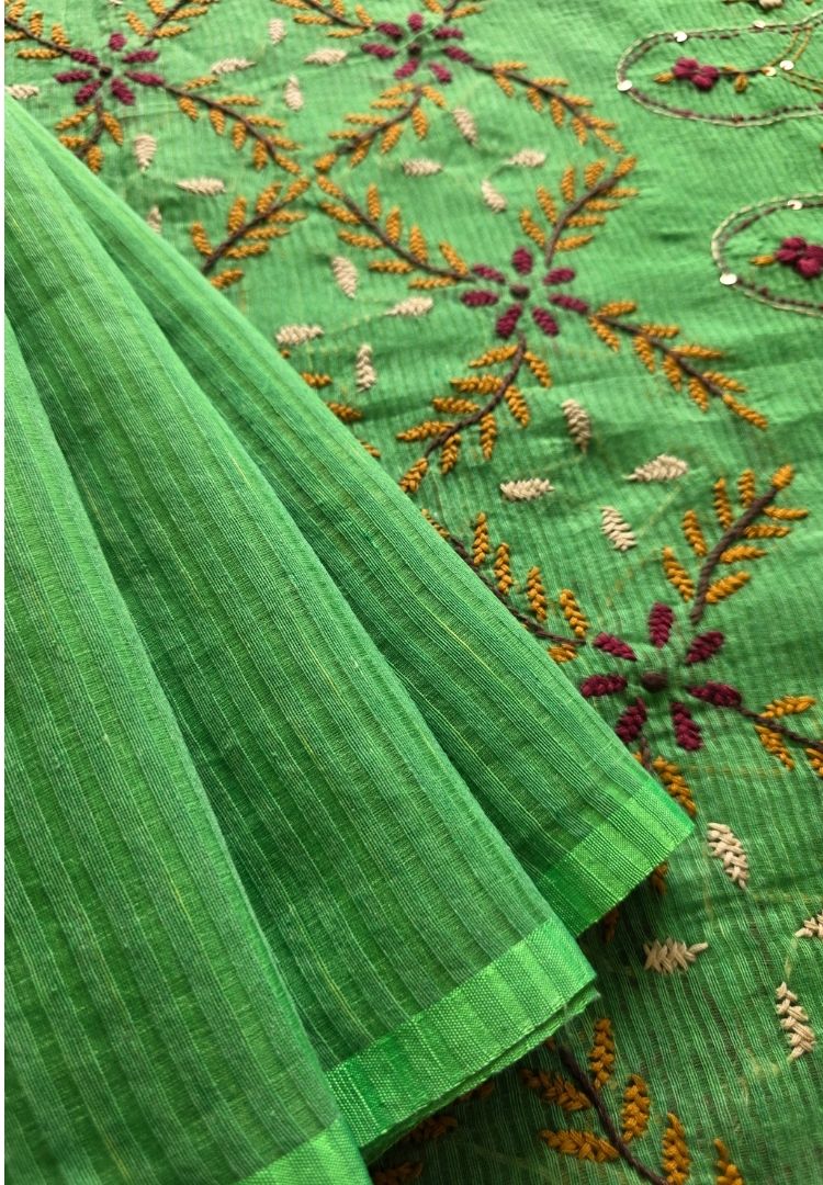 Lime green pure cotton saree with Parsi Bullion knot stitch