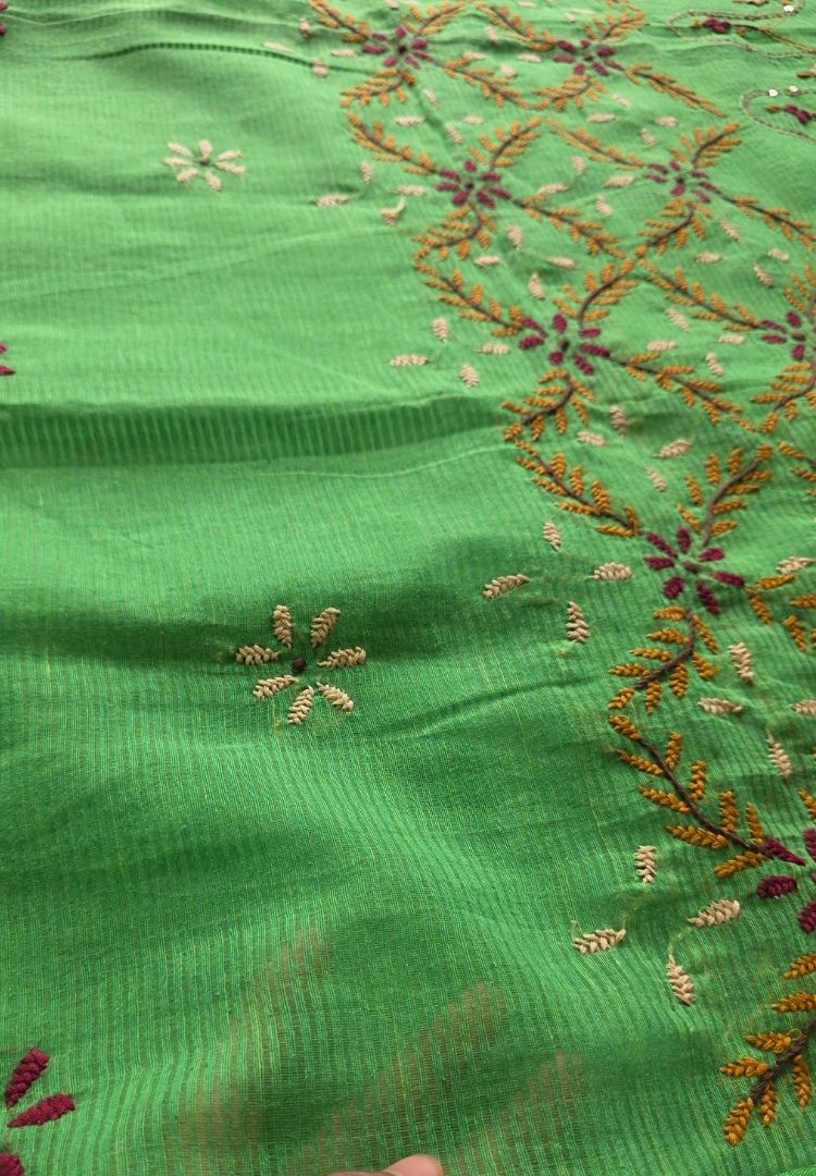 Lime green pure cotton saree with Parsi Bullion knot stitch