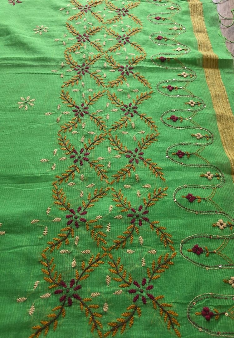 Lime green pure cotton saree with Parsi Bullion knot stitch