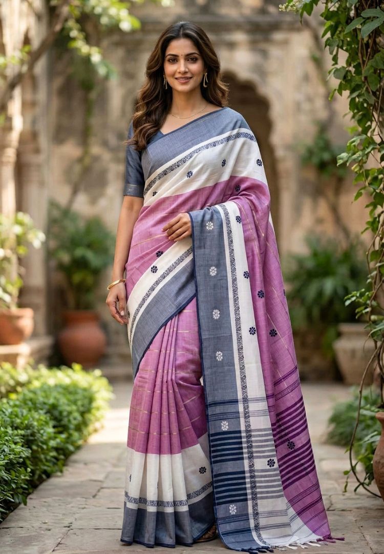 Purple & White Ikkat Dhaniakhali handloom cotton saree by Silk Ethnics