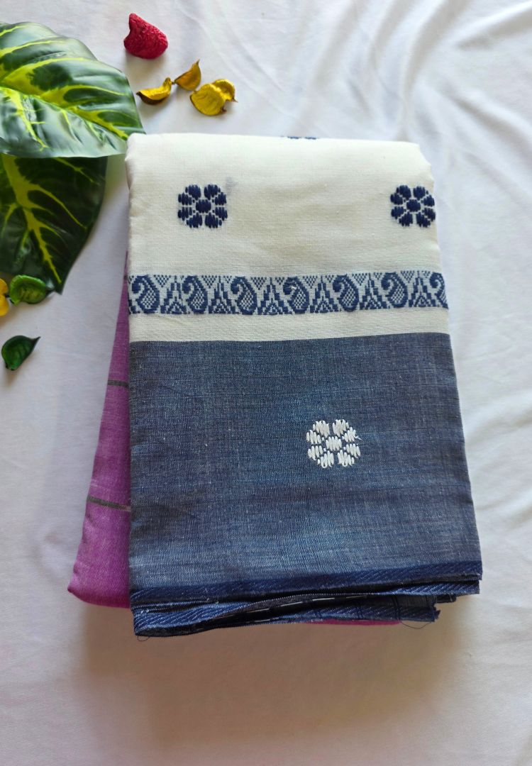 Purple, white and grey Ikkat Dhaniakhali handloom cotton saree - Silk Ethnics