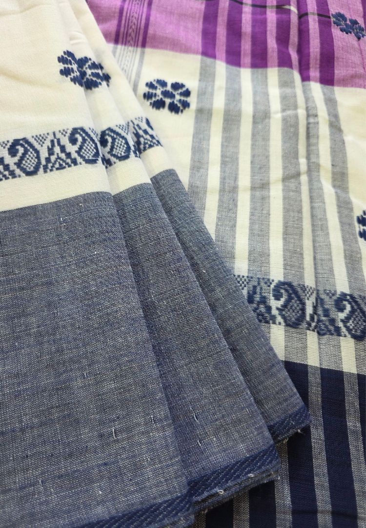 Purple and white Dhaniakhali handloom cotton saree with Ikkat weaving