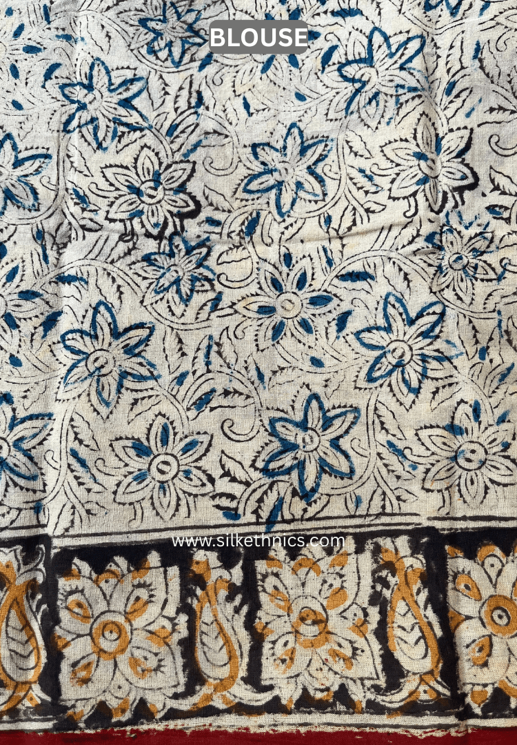 Red Floral Kalamkari Block Printed Mul Cotton Saree