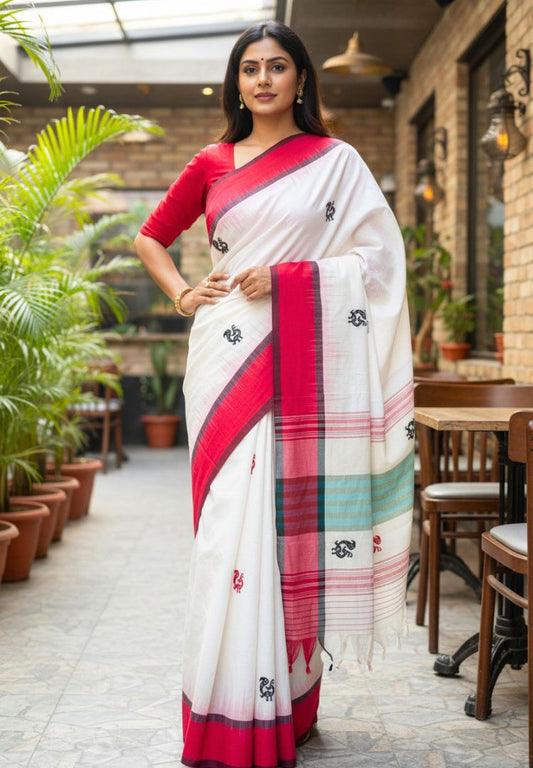 Pearl White Ikkat weaving Dhaniakhali handloom cotton saree