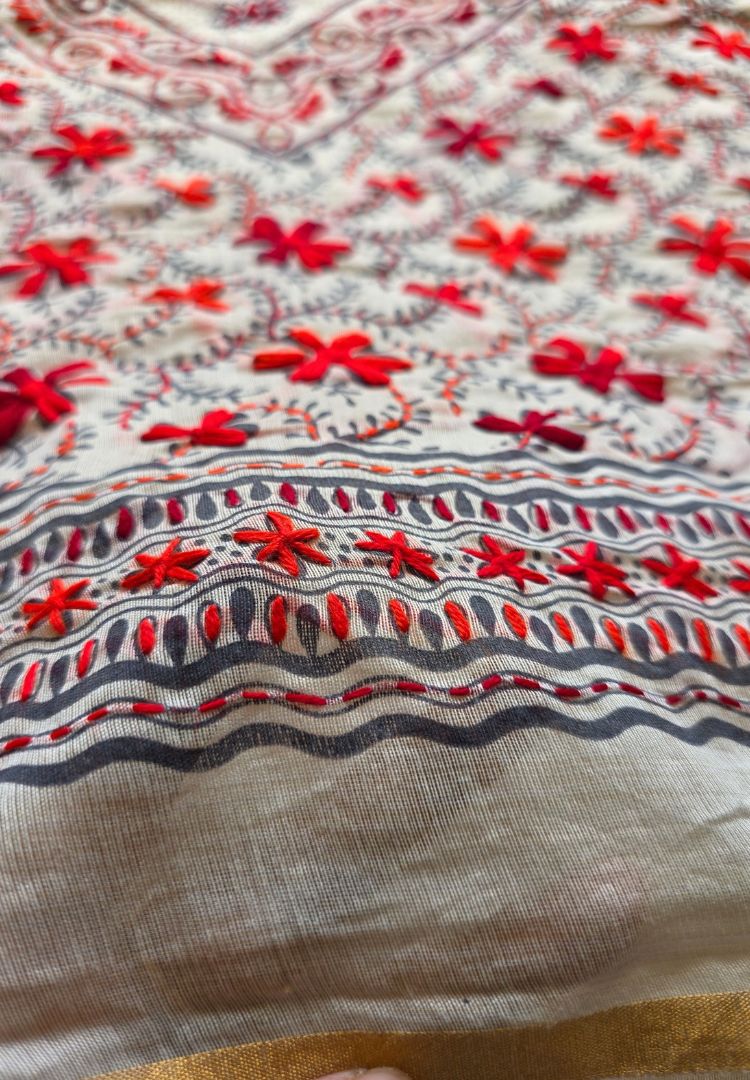 Embroidered red border detail of the Ivory and Red Gulbahar Chanderi saree