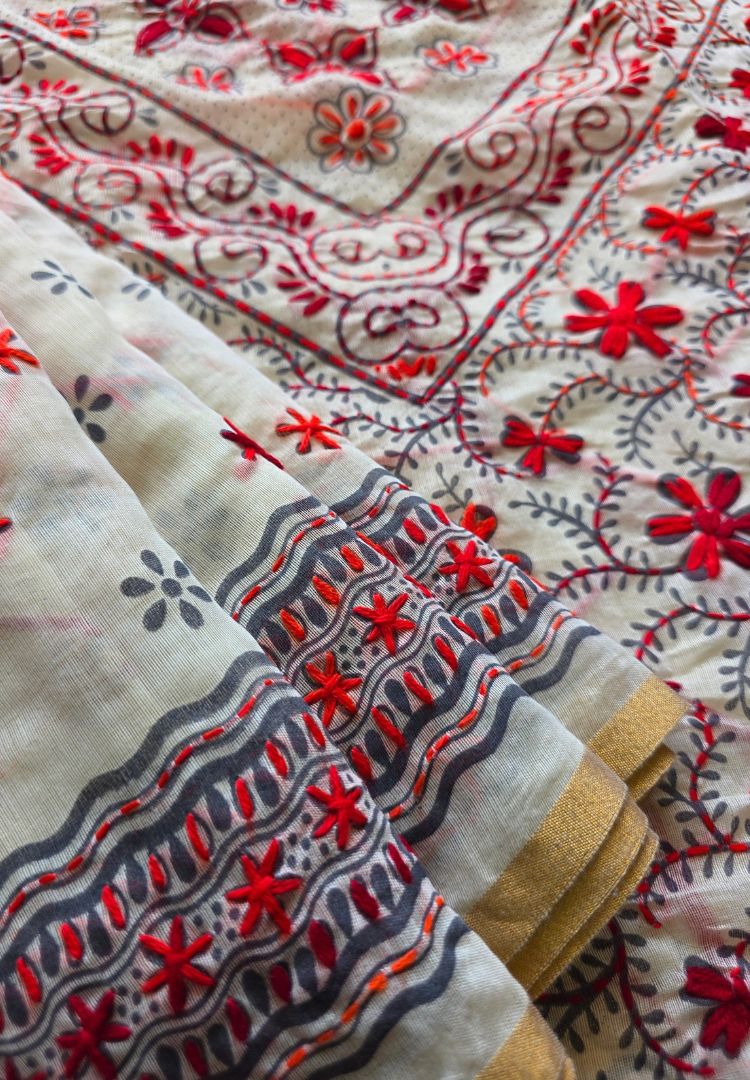 Close-up of red hand embroidery on ivory Chanderi silk-cotton, Gulbahar collection