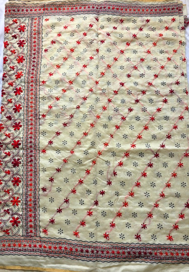 Ivory Chanderi silk-cotton body with red embroidered motifs, festive saree for Diwali and pooja