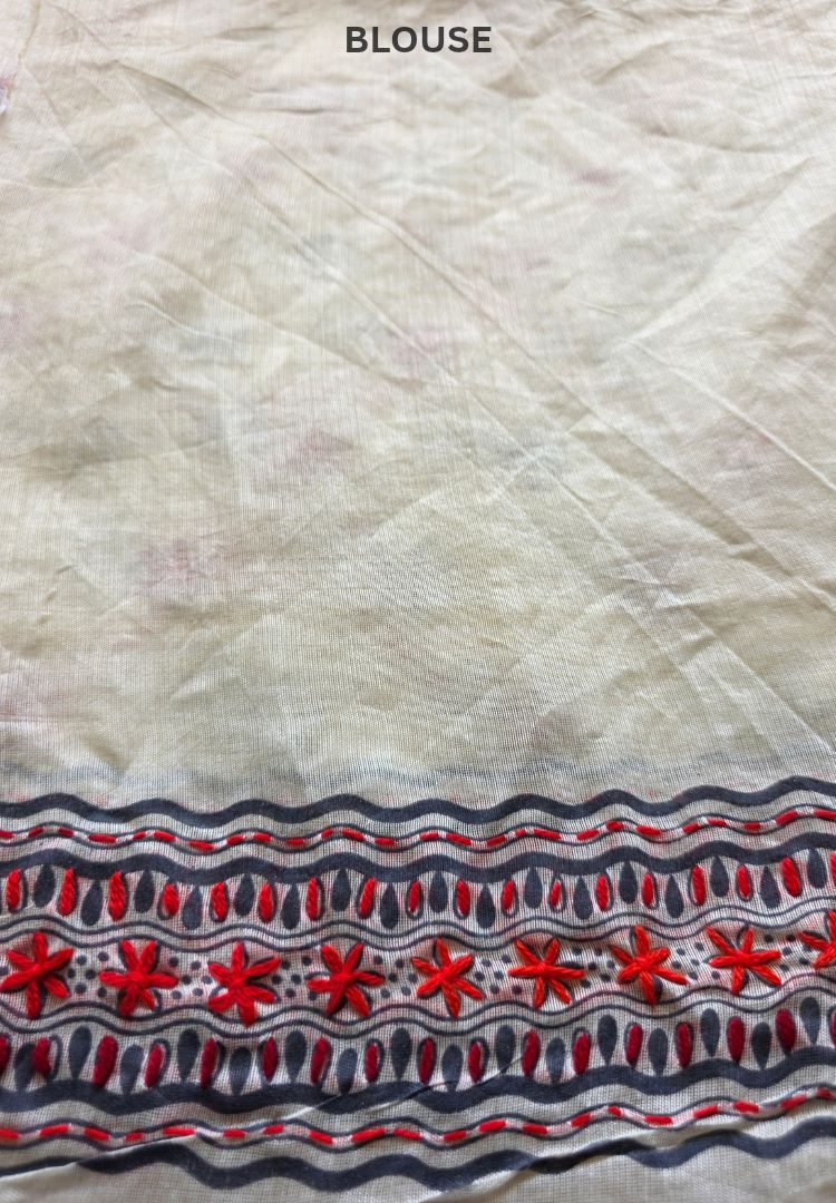 Ivory and Red Gulbahar hand embroidered Chanderi saree by Silk Ethnics, border and body detail