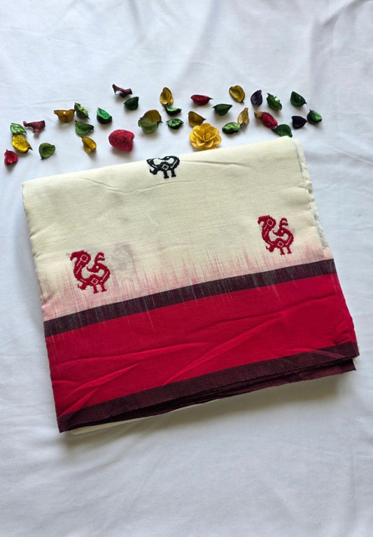 Pearl White Ikkat weaving Dhaniakhali handloom cotton saree