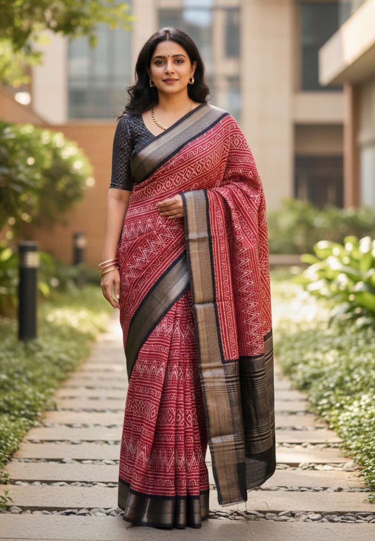 Red hand blockprinted soft modal cotton saree