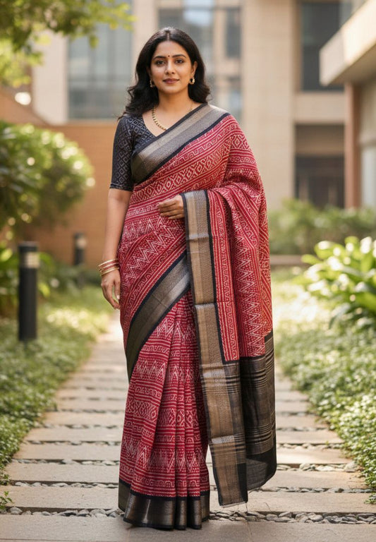 Red hand blockprinted soft modal cotton saree
