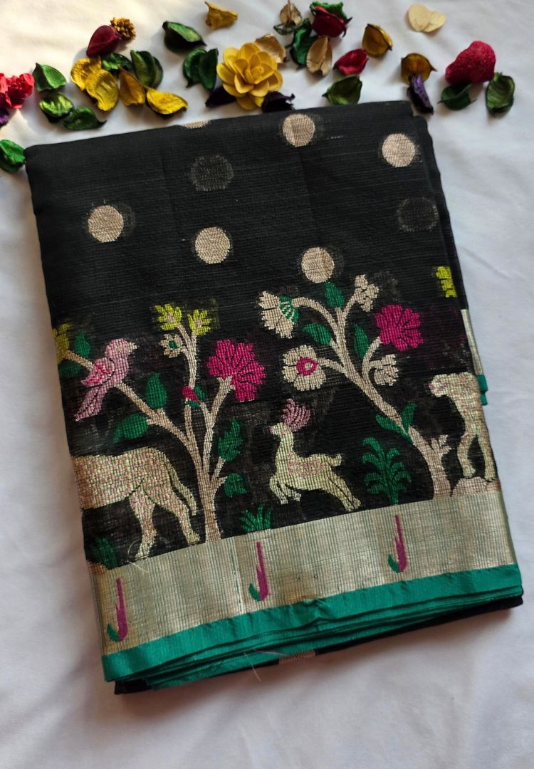 Folded Rich Black and Teal Kota silk saree with woven deer and flowering tree pallu
