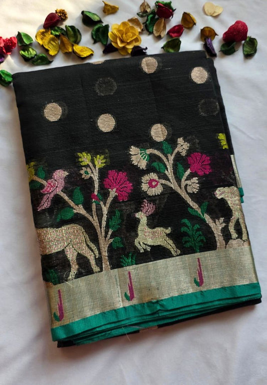 Folded Rich Black and Teal Kota silk saree with woven deer and flowering tree pallu
