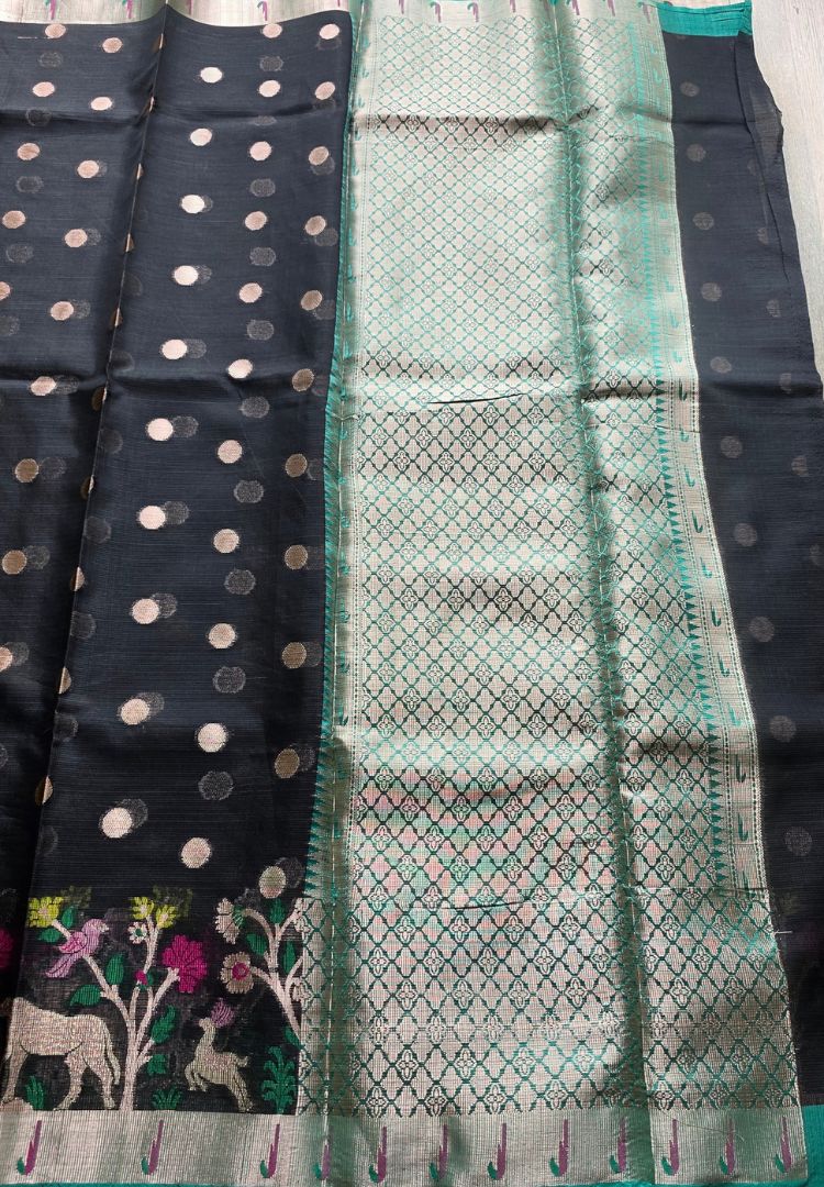 Black Kota silk body with zari butis and teal zari pallu