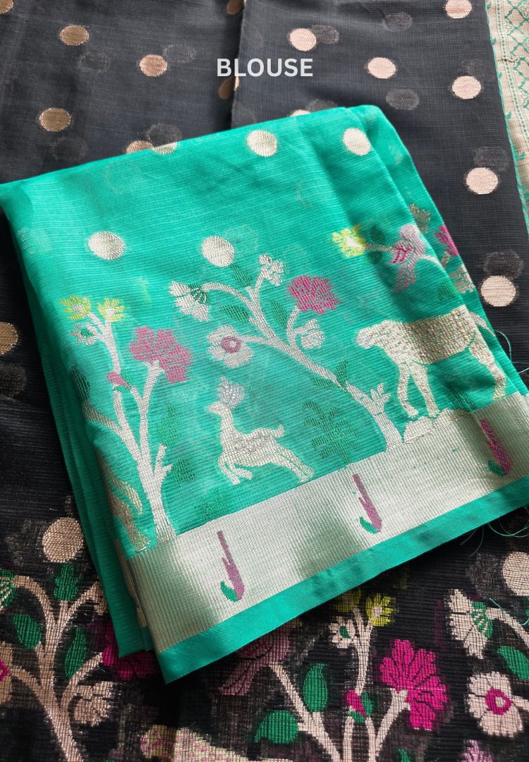 Teal zari pallu with woven deer and floral motifs, Rich Black and Teal Kota silk saree