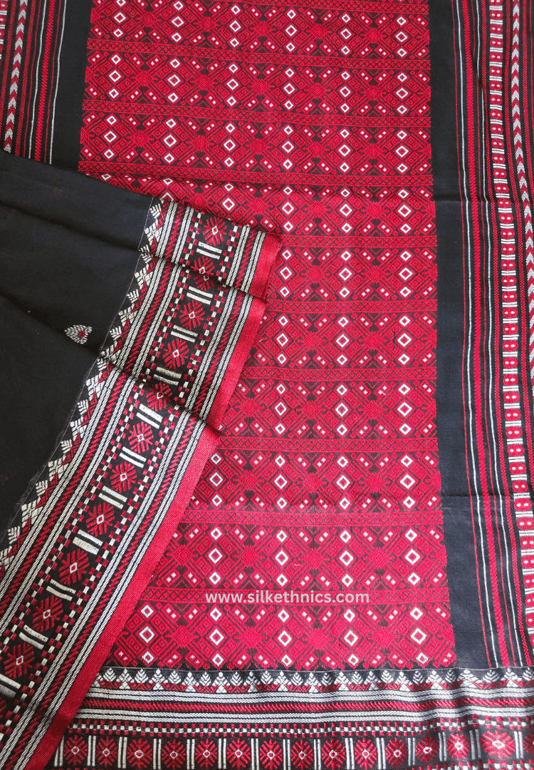 Majestic Black and Red Assam handweaving cotton saree