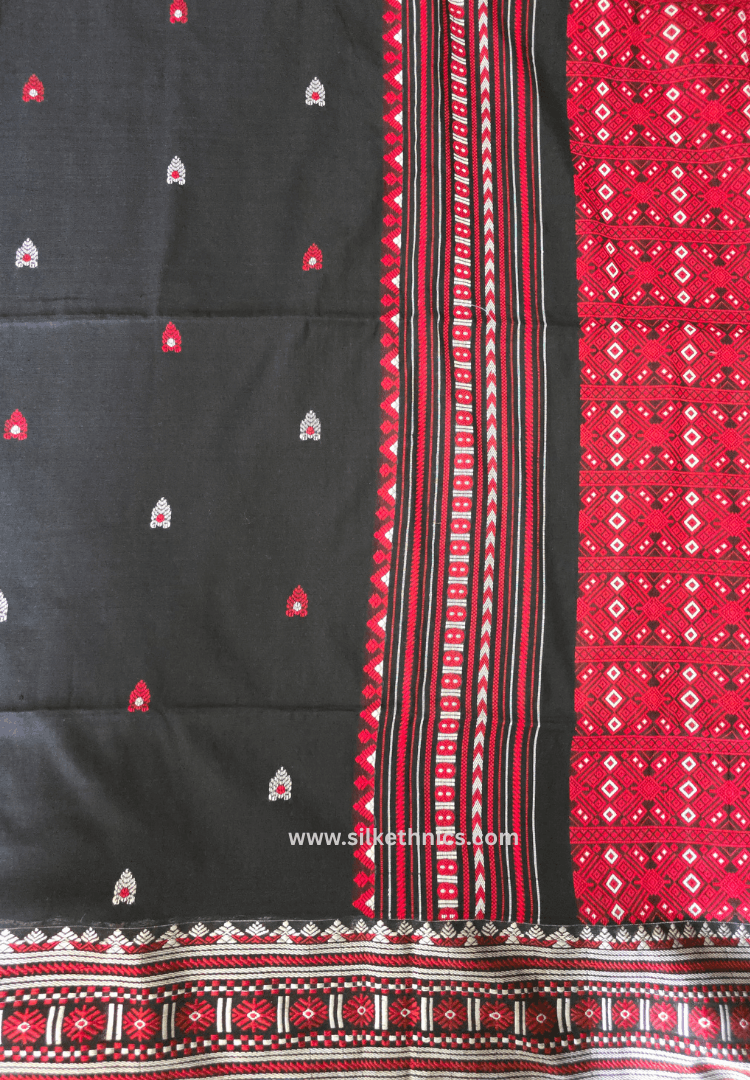 Majestic Black and Red Assam handweaving cotton saree