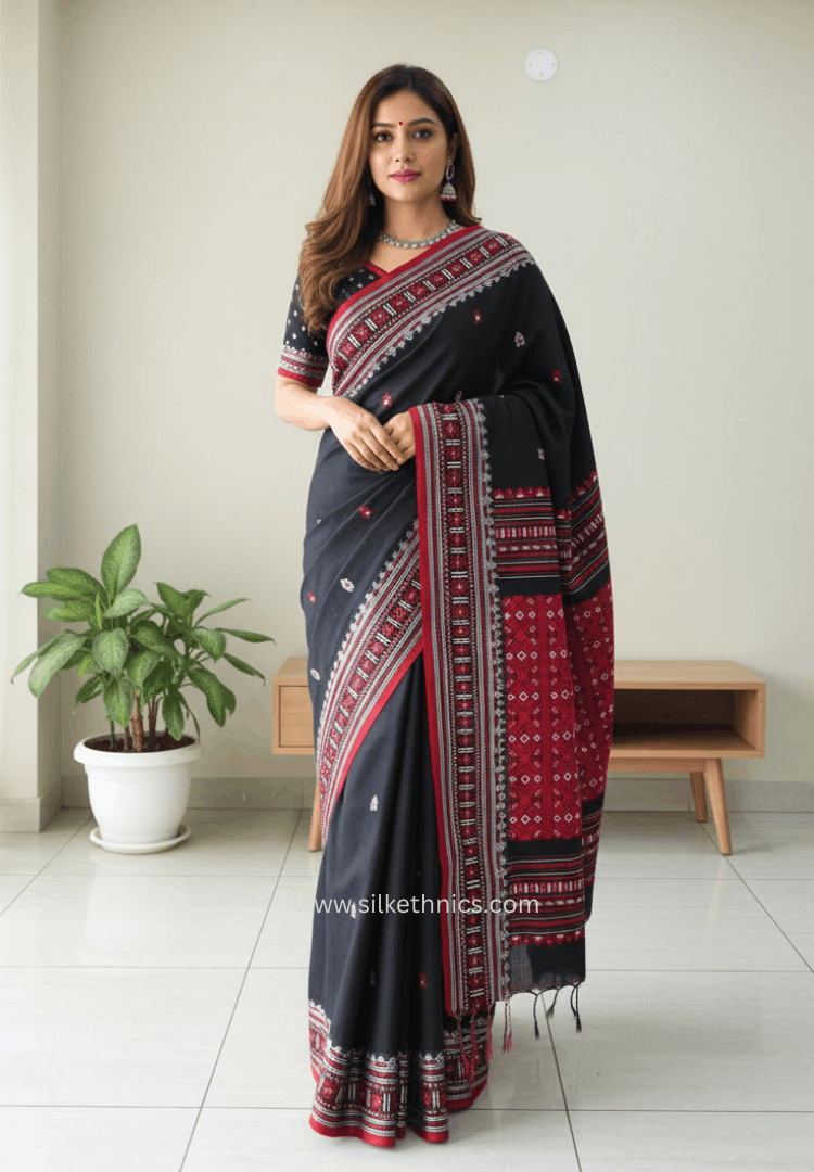 Majestic Black and Red Assam handweaving cotton saree