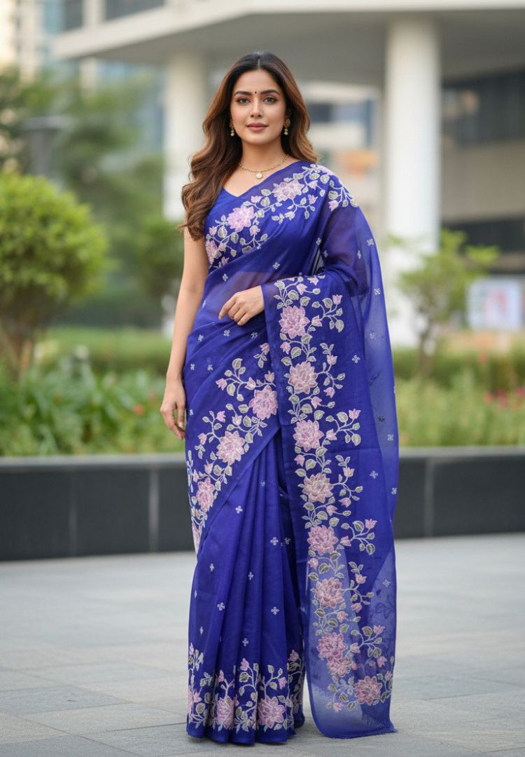 Royal blue Banarasi organza embroidered saree by Silk Ethnics