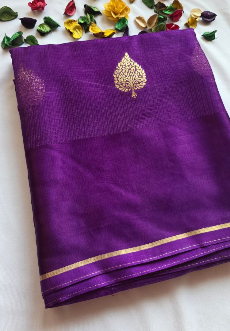 Folded Purple Manipuri Kota silk saree with gold zari border
