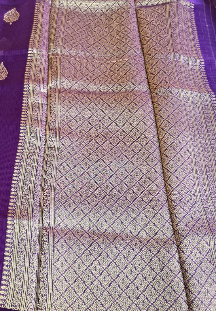 Gold zari brocade pallu of the Purple Manipuri Kota silk saree