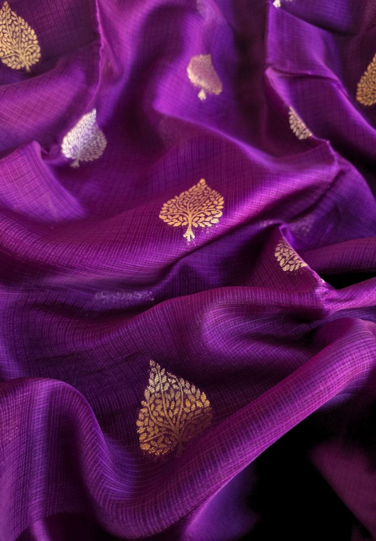 Gold zari brocade leaf butis on purple Manipuri Kota silk