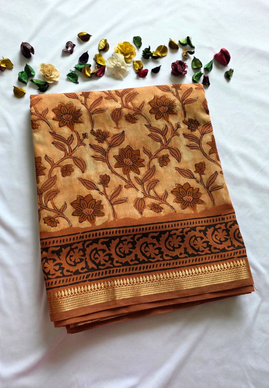 Rust Orange Ajrakh hand blockprinted Maheswari silk saree
