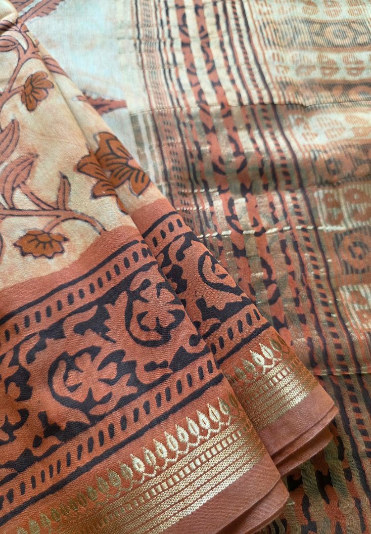 Rust Orange Ajrakh hand blockprinted Maheswari silk saree