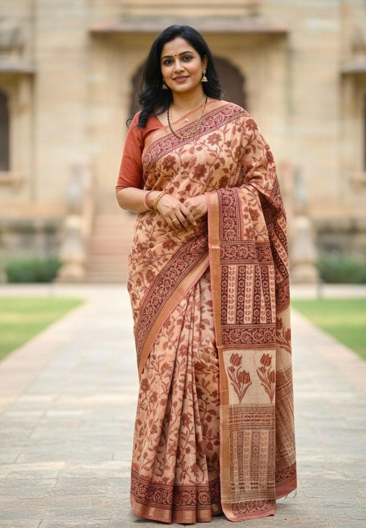 Rust Orange Ajrakh hand blockprinted Maheswari silk saree