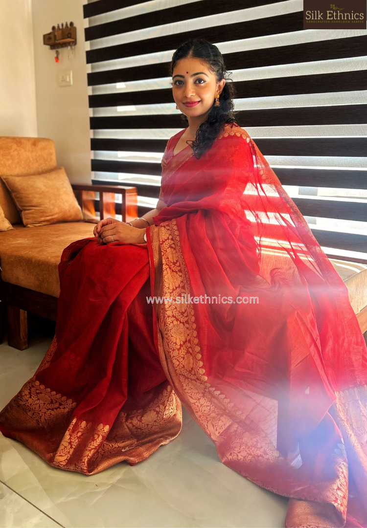 Festive Red Srija Banarasi linen saree